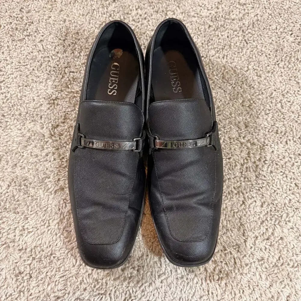 Guess Mens Dress Loafers Black Slip On Metal Logo Square Toe Shoes 11‎ EUC